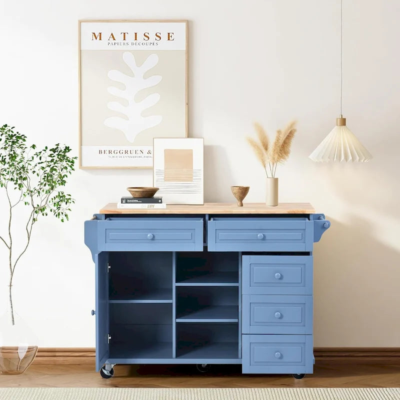 Carrito de cocina con encimera de madera de caucho - Isla de cocina móvil con ruedas con almacenamiento y 5 cajones, 53 pulgadas de largo