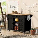 Carrito de cocina con encimera de madera de caucho - Isla de cocina móvil con ruedas con almacenamiento y 5 cajones, 53 pulgadas de largo