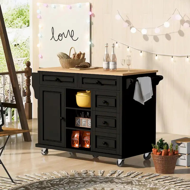 Carrito de cocina con encimera de madera de caucho - Isla de cocina móvil con ruedas con almacenamiento y 5 cajones, 53 pulgadas de largo