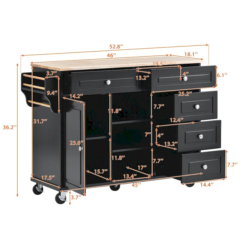 Carrito de cocina con encimera de madera de caucho - Isla de cocina móvil con ruedas con almacenamiento y 5 cajones, 53 pulgadas de largo