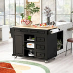 Carrito de cocina con encimera de madera de caucho - Isla de cocina móvil con ruedas con almacenamiento y 5 cajones, 53 pulgadas de largo