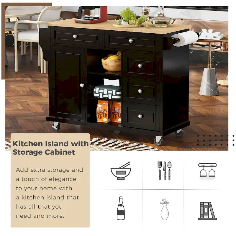 Carrito de cocina con encimera de madera de caucho - Isla de cocina móvil con ruedas con almacenamiento y 5 cajones, 53 pulgadas de largo