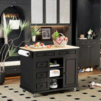 Carrito de cocina con encimera de madera de caucho - Isla de cocina móvil con ruedas con almacenamiento y 5 cajones, 53 pulgadas de largo