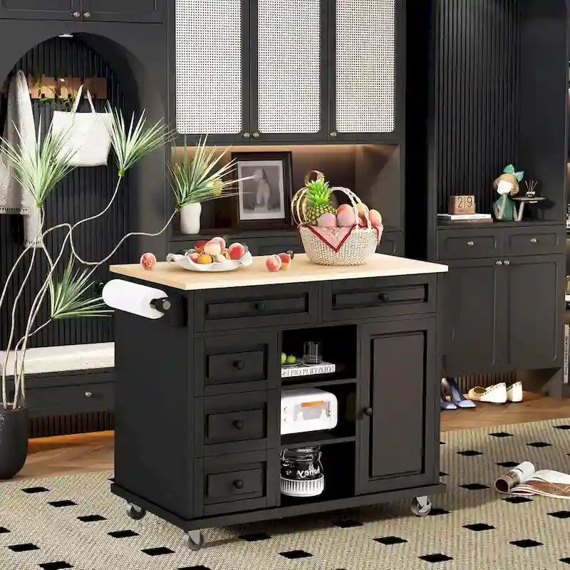 Carrito de cocina con encimera de madera de caucho - Isla de cocina móvil con ruedas con almacenamiento y 5 cajones, 53 pulgadas de largo