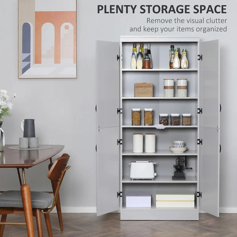 Alacena de cocina independiente gris/blanco, 4 puertas, 6 estantes, montaje para 1 persona