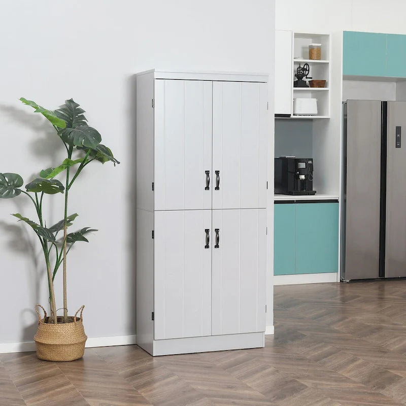 Alacena de cocina independiente gris/blanco, 4 puertas, 6 estantes, montaje para 1 persona
