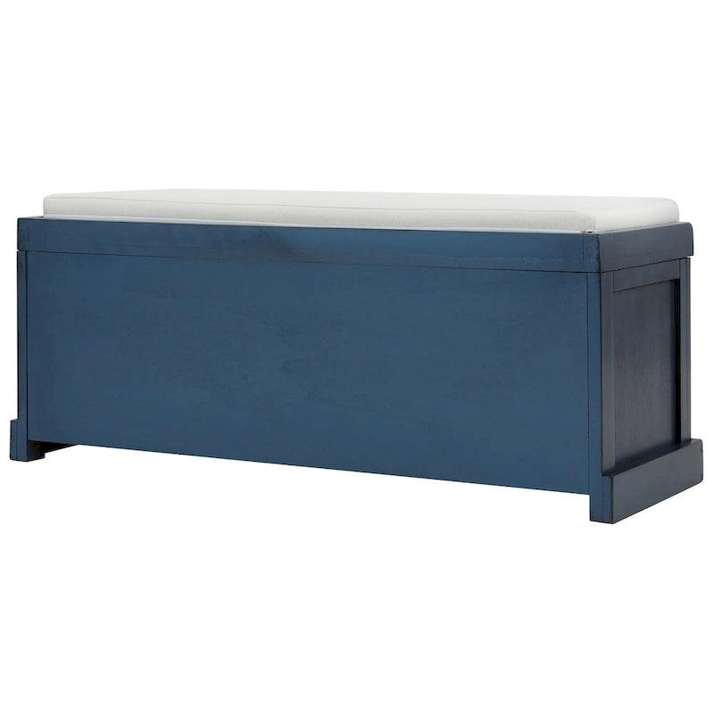 Banco de almacenamiento antiguo azul marino/blanco lavado/espresso con cestas de ratán y cojín, 1 asiento
