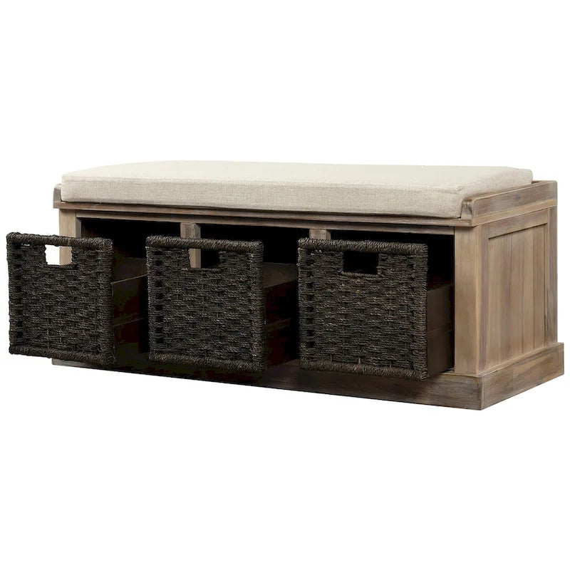Banco de almacenamiento antiguo azul marino/blanco lavado/espresso con cestas de ratán y cojín, 1 asiento
