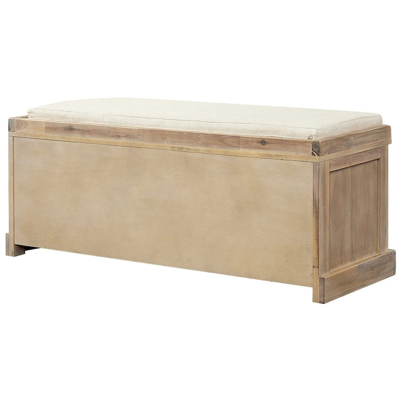 Banco de almacenamiento antiguo azul marino/blanco lavado/espresso con cestas de ratán y cojín, 1 asiento