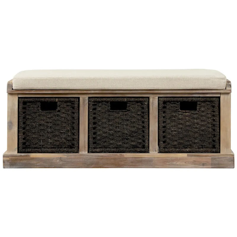 Banco de almacenamiento antiguo azul marino/blanco lavado/espresso con cestas de ratán y cojín, 1 asiento