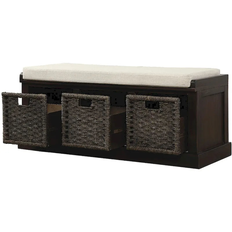 Banco de almacenamiento antiguo azul marino/blanco lavado/espresso con cestas de ratán y cojín, 1 asiento