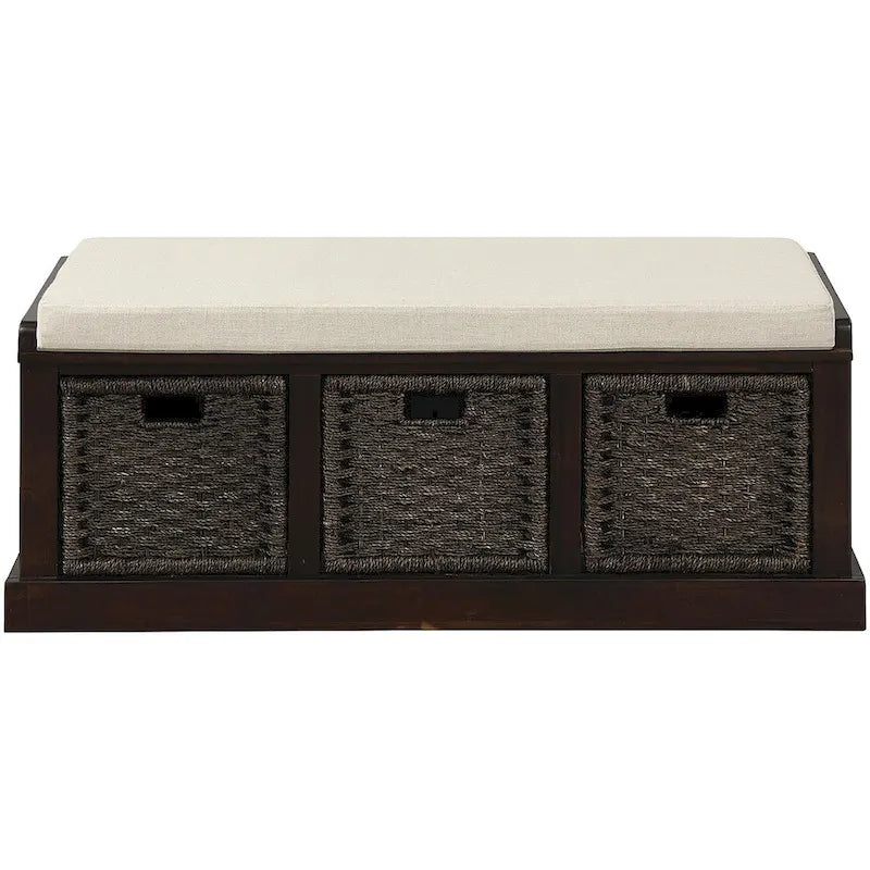 Banco de almacenamiento antiguo azul marino/blanco lavado/espresso con cestas de ratán y cojín, 1 asiento