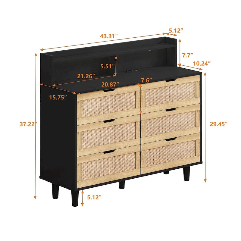Cómoda de 6 cajones de ratán, individual, marrón/negro/blanco