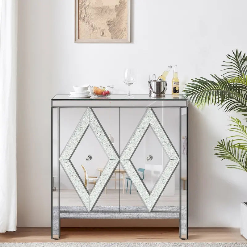 Armario de almacenamiento de 2 puertas plateado/gris con moldura de espejo y diseño de diamante – Montaje para 1 persona