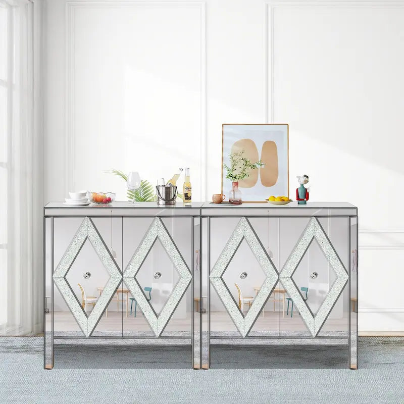 Armario de almacenamiento de 2 puertas plateado/gris con moldura de espejo y diseño de diamante – Montaje para 1 persona