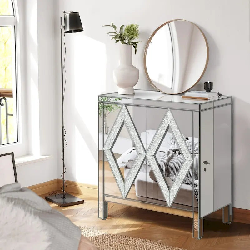 Armario de almacenamiento de 2 puertas plateado/gris con moldura de espejo y diseño de diamante – Montaje para 1 persona