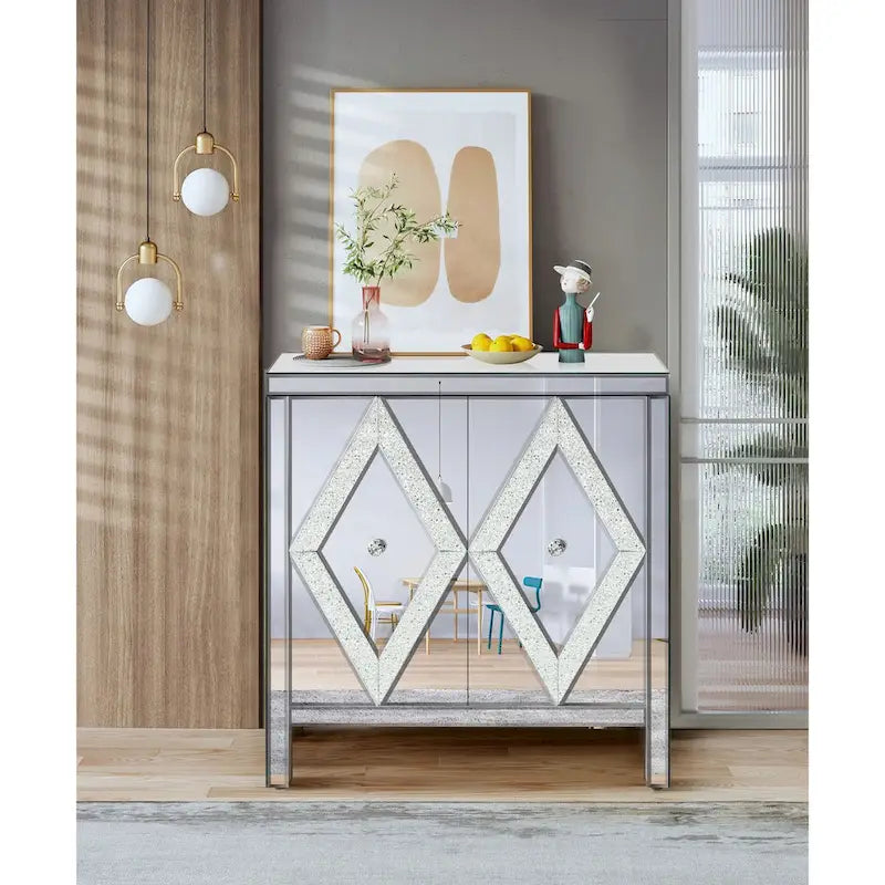 Armario de almacenamiento de 2 puertas plateado/gris con moldura de espejo y diseño de diamante – Montaje para 1 persona