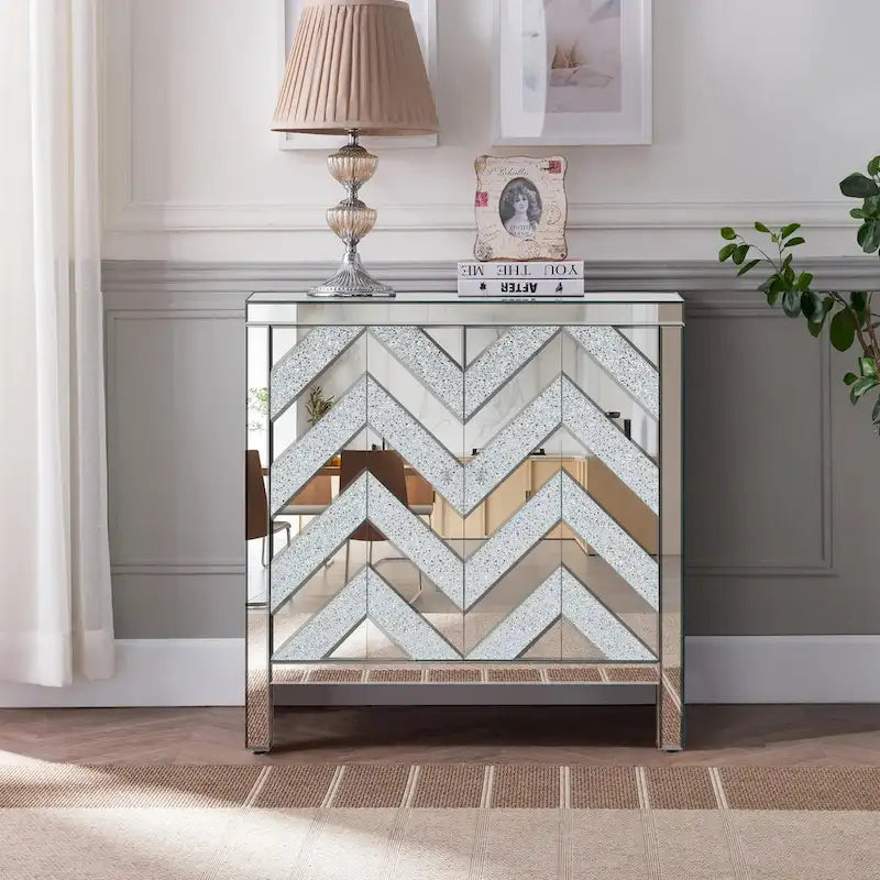 Armario de almacenamiento de 2 puertas plateado/gris con moldura de espejo y diseño de diamante – Montaje para 1 persona