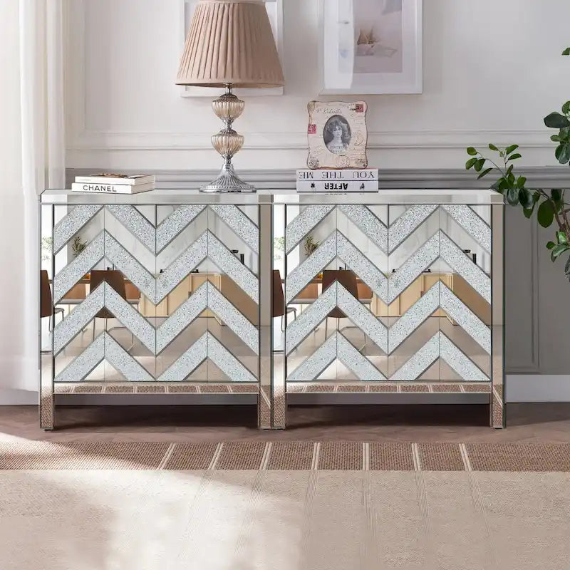 Armario de almacenamiento de 2 puertas plateado/gris con moldura de espejo y diseño de diamante – Montaje para 1 persona