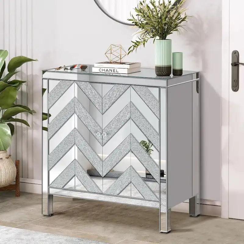 Armario de almacenamiento de 2 puertas plateado/gris con moldura de espejo y diseño de diamante – Montaje para 1 persona