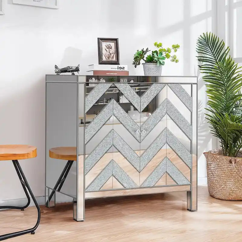 Armario de almacenamiento de 2 puertas plateado/gris con moldura de espejo y diseño de diamante – Montaje para 1 persona