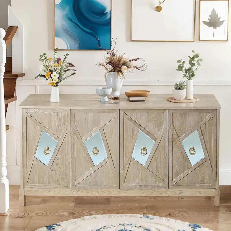 Aparador con espejo de 4 puertas gris/madera – Individual