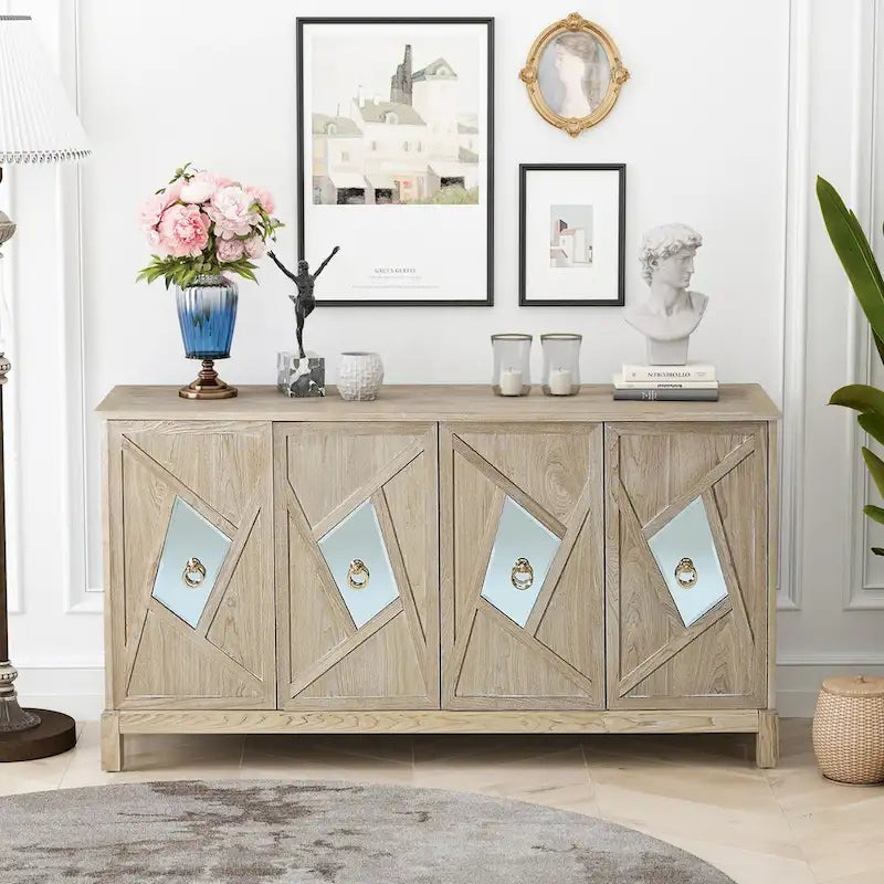 Aparador con espejo de 4 puertas gris/madera – Individual