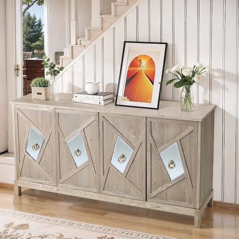 Aparador con espejo de 4 puertas gris/madera – Individual