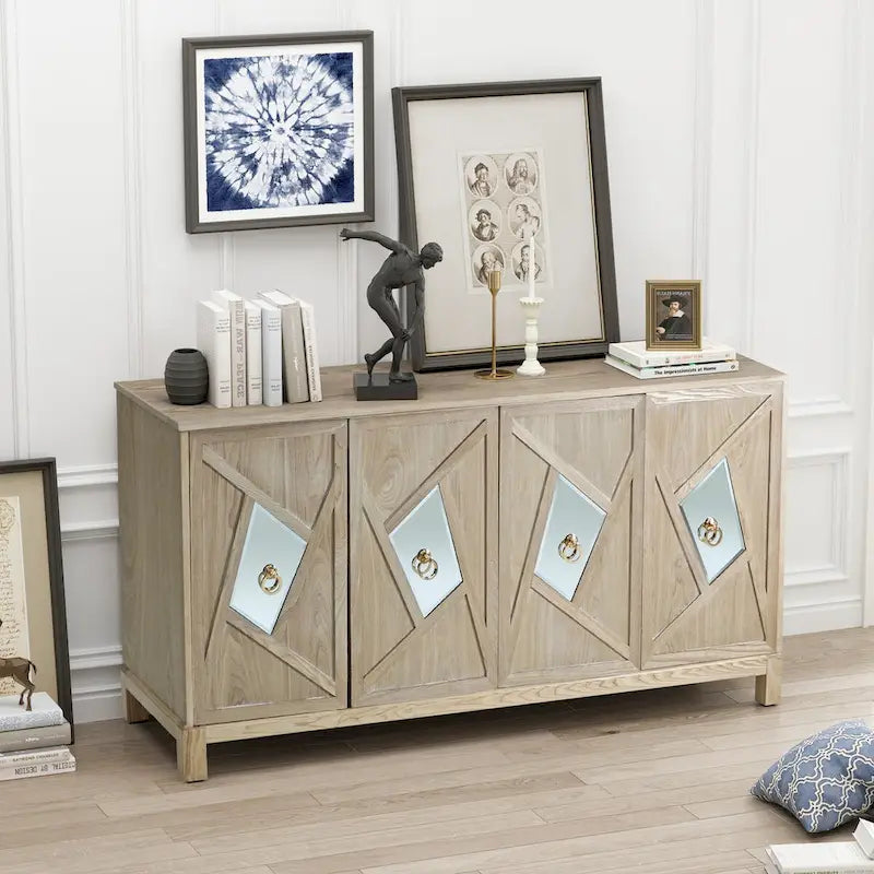 Aparador con espejo de 4 puertas gris/madera – Individual