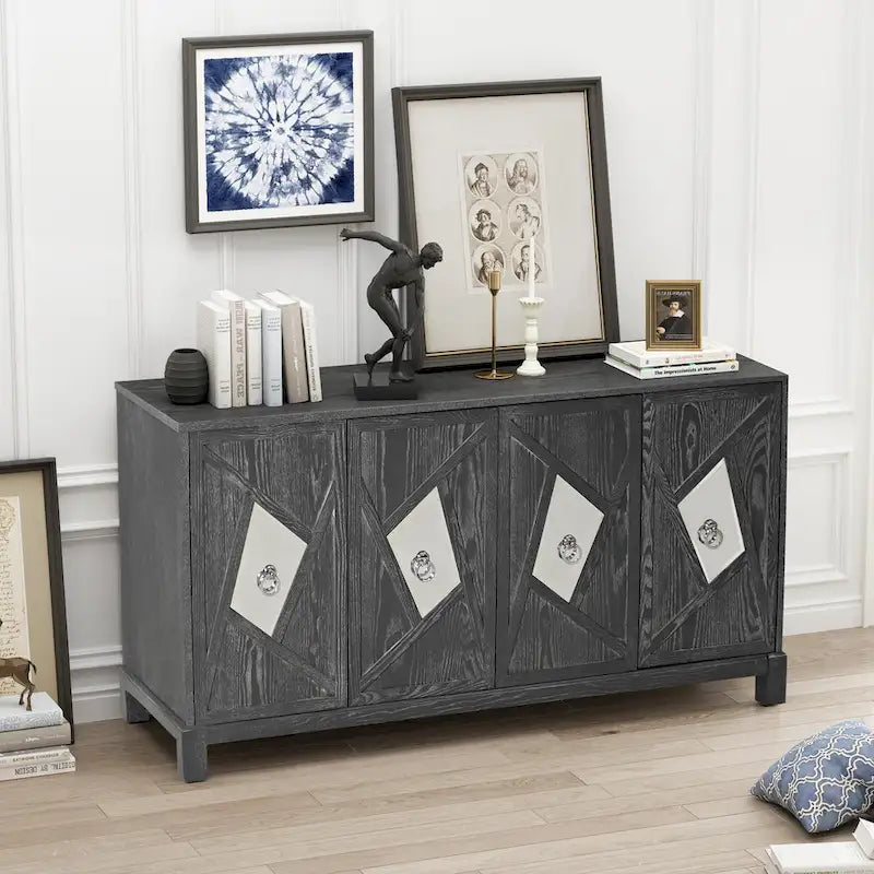 Aparador con espejo de 4 puertas gris/madera – Individual