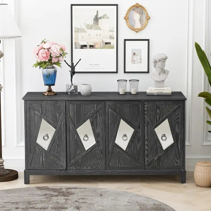 Aparador con espejo de 4 puertas gris/madera – Individual