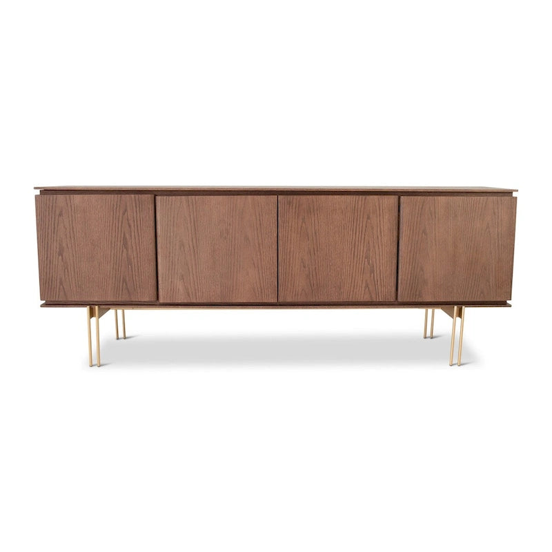 Aparador buffet de 4 puertas, nogal/dorado o niebla/titanio, chapa de madera y estructura metálica