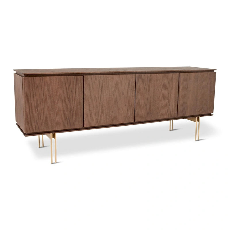 Aparador buffet de 4 puertas, nogal/dorado o niebla/titanio, chapa de madera y estructura metálica