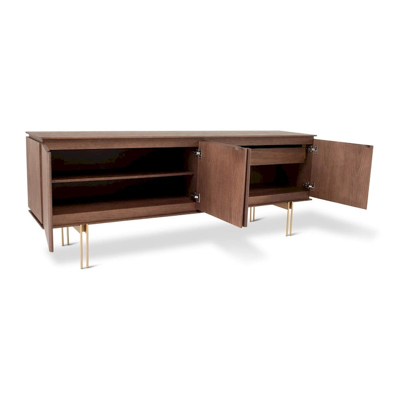 Aparador buffet de 4 puertas, nogal/dorado o niebla/titanio, chapa de madera y estructura metálica