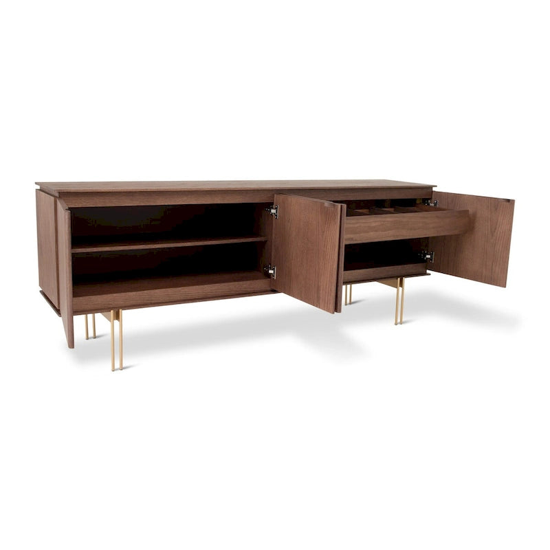 Aparador buffet de 4 puertas, nogal/dorado o niebla/titanio, chapa de madera y estructura metálica
