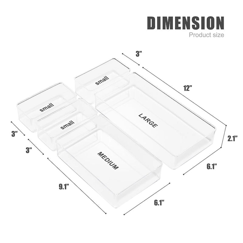 Juego de organizadores de cajones brillantes transparentes, 5 piezas