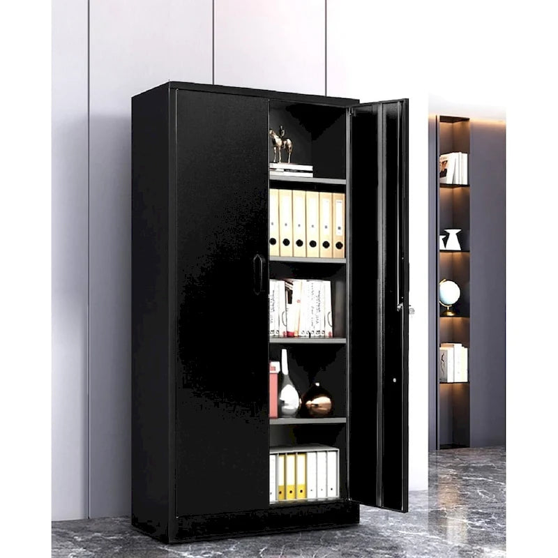 Negro / Gris / Blanco crema / Acero / Armario metálico de almacenamiento de 1 puerta con 2 puertas con cerradura y 4 estantes ajustables