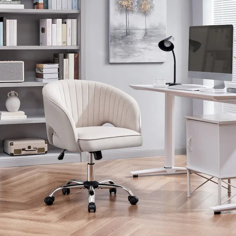 Sillón de oficina de terciopelo con respaldo de barril capitoné, ruedas giratorias, altura de asiento ajustable