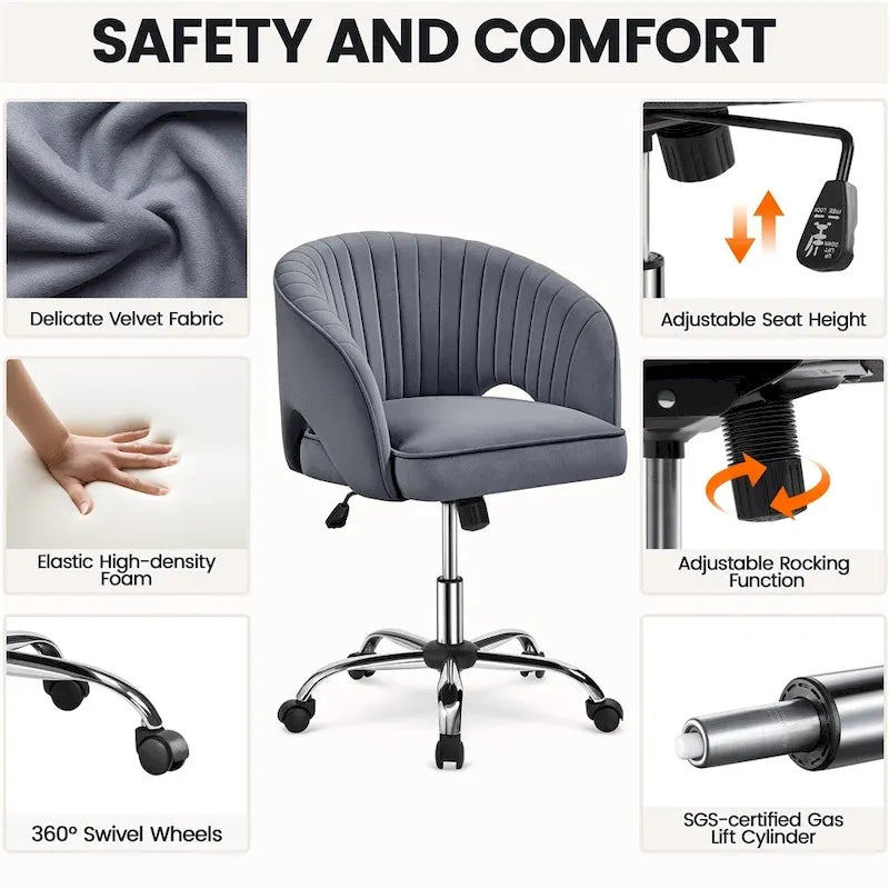 Sillón de oficina de terciopelo con respaldo de barril capitoné, ruedas giratorias, altura de asiento ajustable