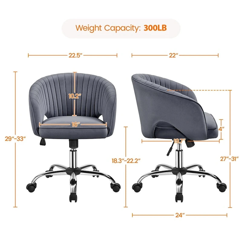 Sillón de oficina de terciopelo con respaldo de barril capitoné, ruedas giratorias, altura de asiento ajustable