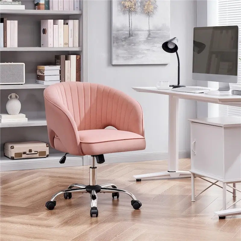 Sillón de oficina de terciopelo con respaldo de barril capitoné, ruedas giratorias, altura de asiento ajustable