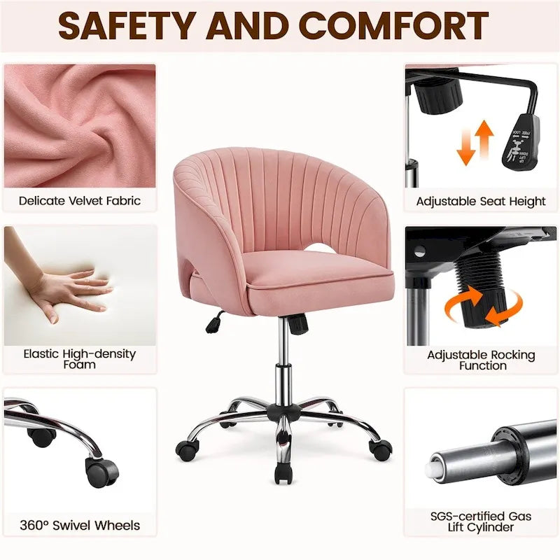 Sillón de oficina de terciopelo con respaldo de barril capitoné, ruedas giratorias, altura de asiento ajustable