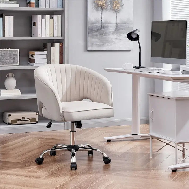 Sillón de oficina de terciopelo con respaldo de barril capitoné, ruedas giratorias, altura de asiento ajustable