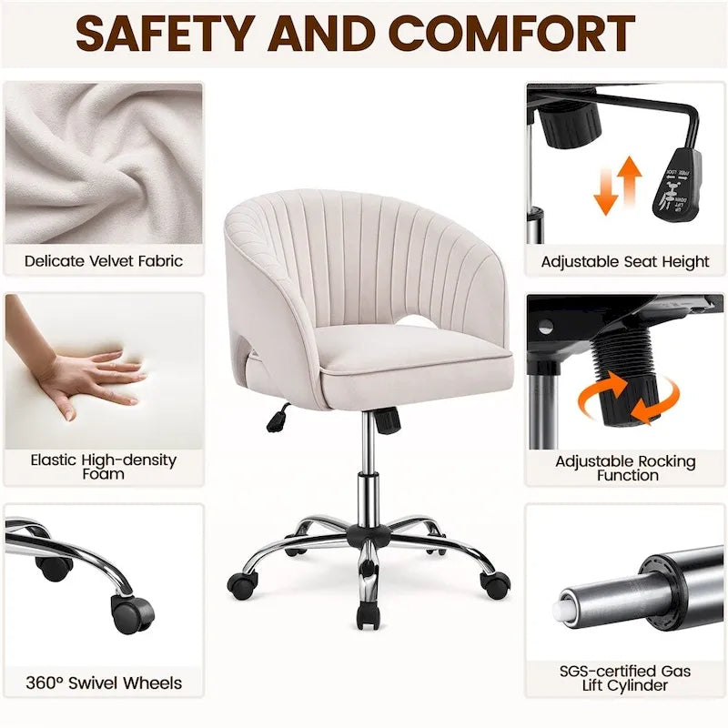 Sillón de oficina de terciopelo con respaldo de barril capitoné, ruedas giratorias, altura de asiento ajustable