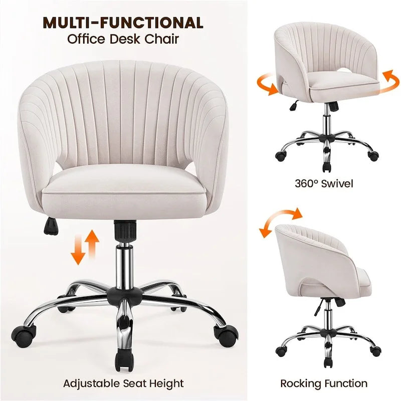 Sillón de oficina de terciopelo con respaldo de barril capitoné, ruedas giratorias, altura de asiento ajustable
