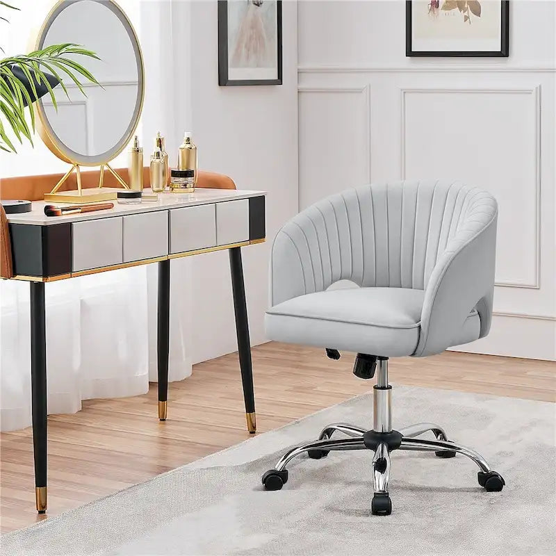 Sillón de oficina de terciopelo con respaldo de barril capitoné, ruedas giratorias, altura de asiento ajustable