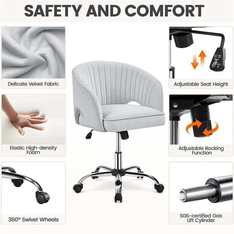 Sillón de oficina de terciopelo con respaldo de barril capitoné, ruedas giratorias, altura de asiento ajustable
