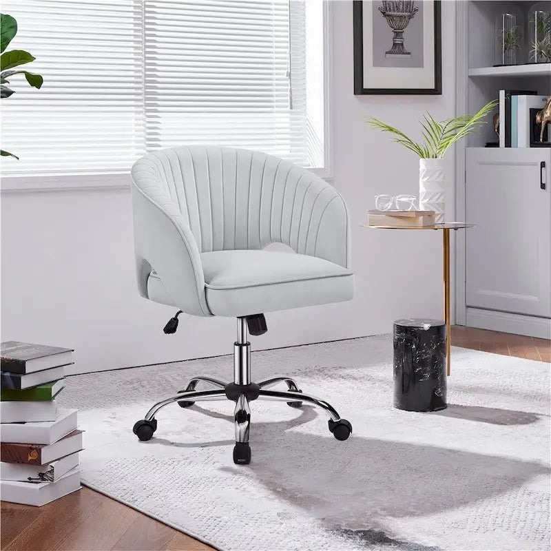 Sillón de oficina de terciopelo con respaldo de barril capitoné, ruedas giratorias, altura de asiento ajustable