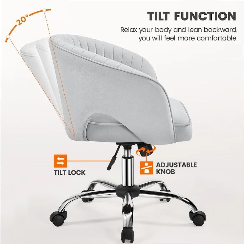 Sillón de oficina de terciopelo con respaldo de barril capitoné, ruedas giratorias, altura de asiento ajustable