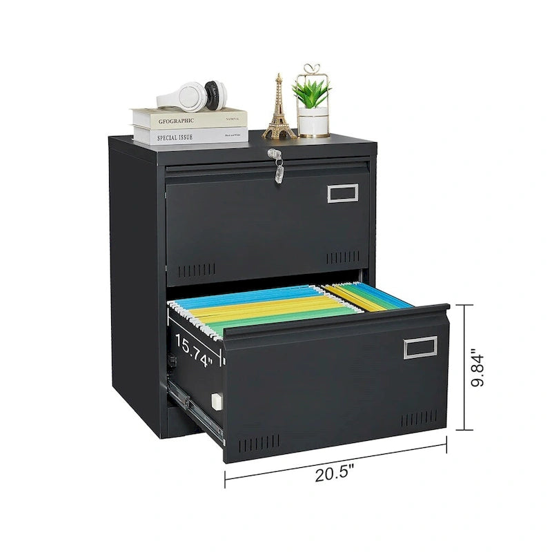 Archivador lateral de metal negro de 2 cajones con cerradura – 1 persona